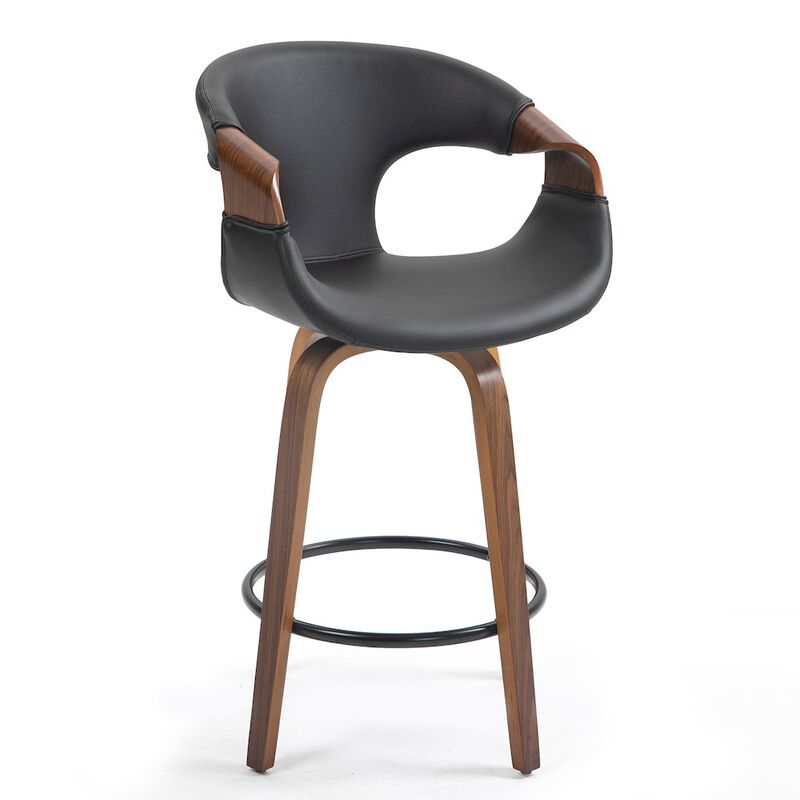 Glamour Home Baylor Black Faux Leather Counter Stool with Walnut Wooden Legs