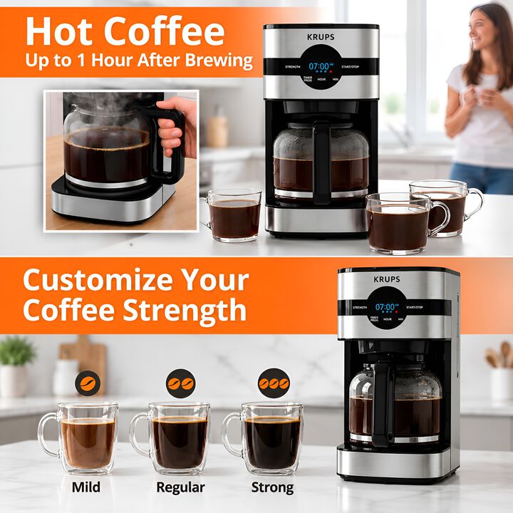 KRUPS Simply Brew 10-Cup Programmable Coffee Maker, 900W Digital Drip Machine with Glass Carafe & Reusable Filter, Stainless Steel, Silver/Black