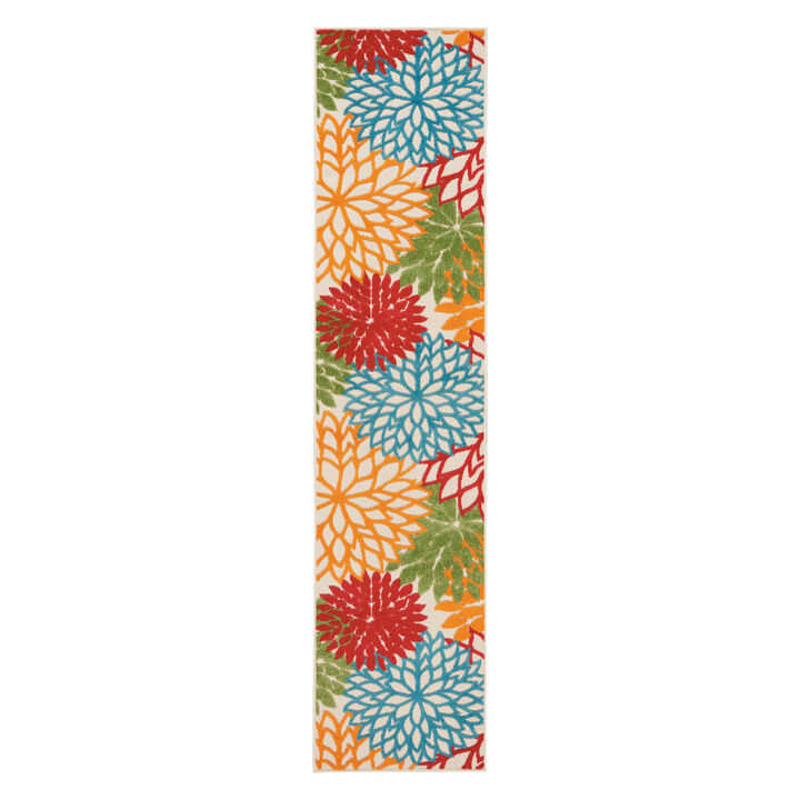 HomeRoots 12' Ivory Green Blue Red And Orange Floral Indoor Outdoor Runner Rug