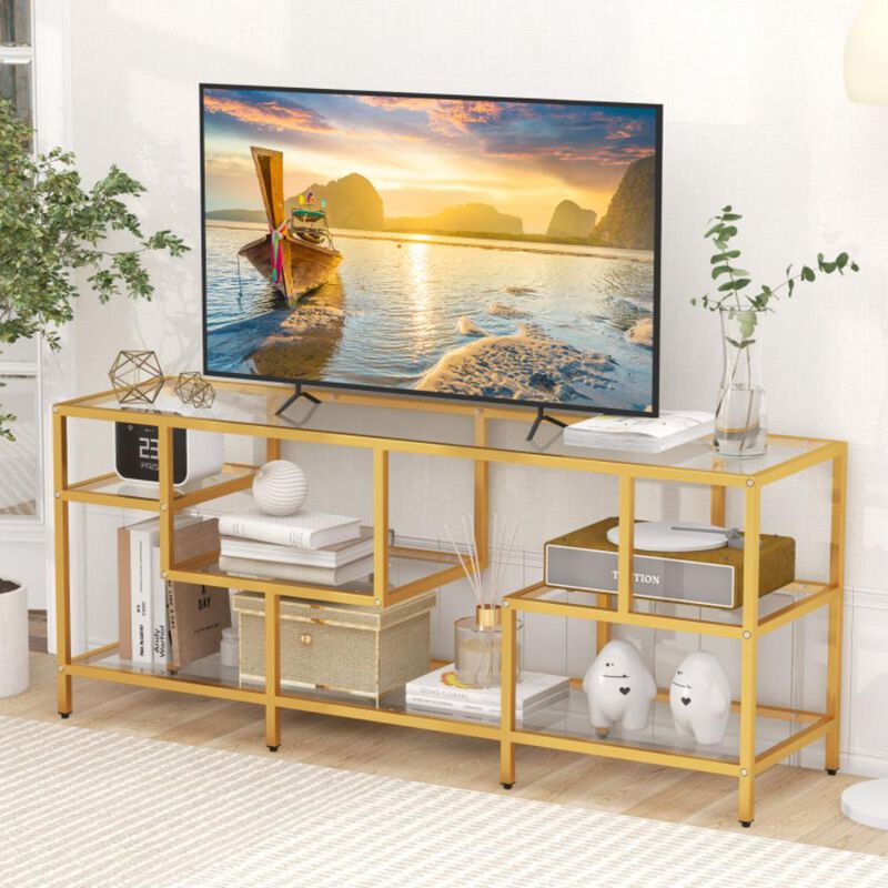 Hivvago 58 Inch TV Console Table with Tempered Glass Shelves for Living Room