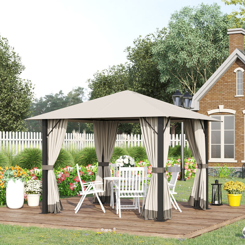 13' x 10' Patio Gazebo Outdoor Canopy Shelter w/ Vented Roof, Curtains Brown