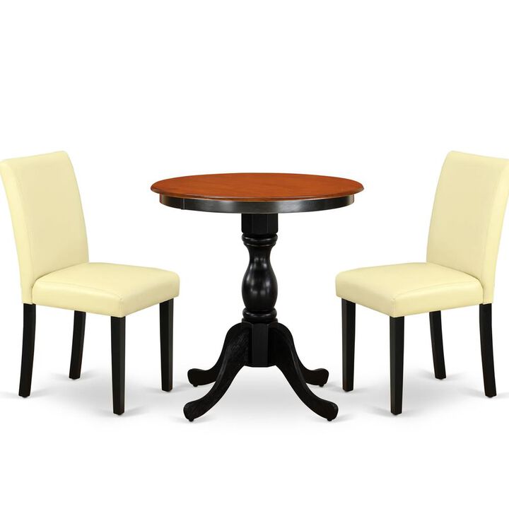 East West Furniture 3-Piece Dinner Table Set Consist of Wood Table and 2 Eggnog PU Leather Parson Chairs with High Back - Black Finish