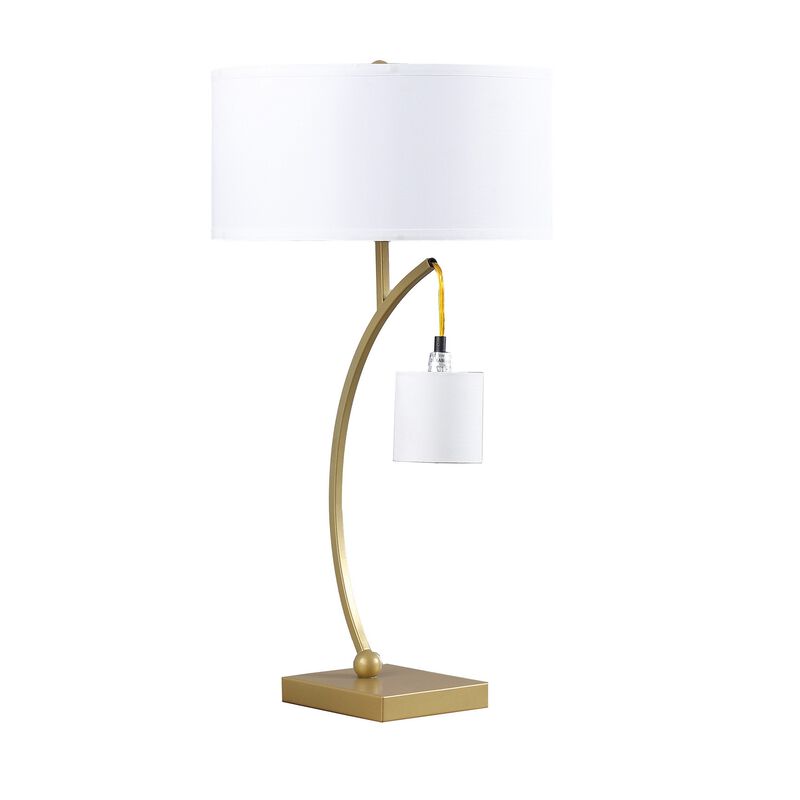 Jiya 29 Inch Arc Table Lamp, Hanging Design, 2 White Drum Shades, Gold - Benzara