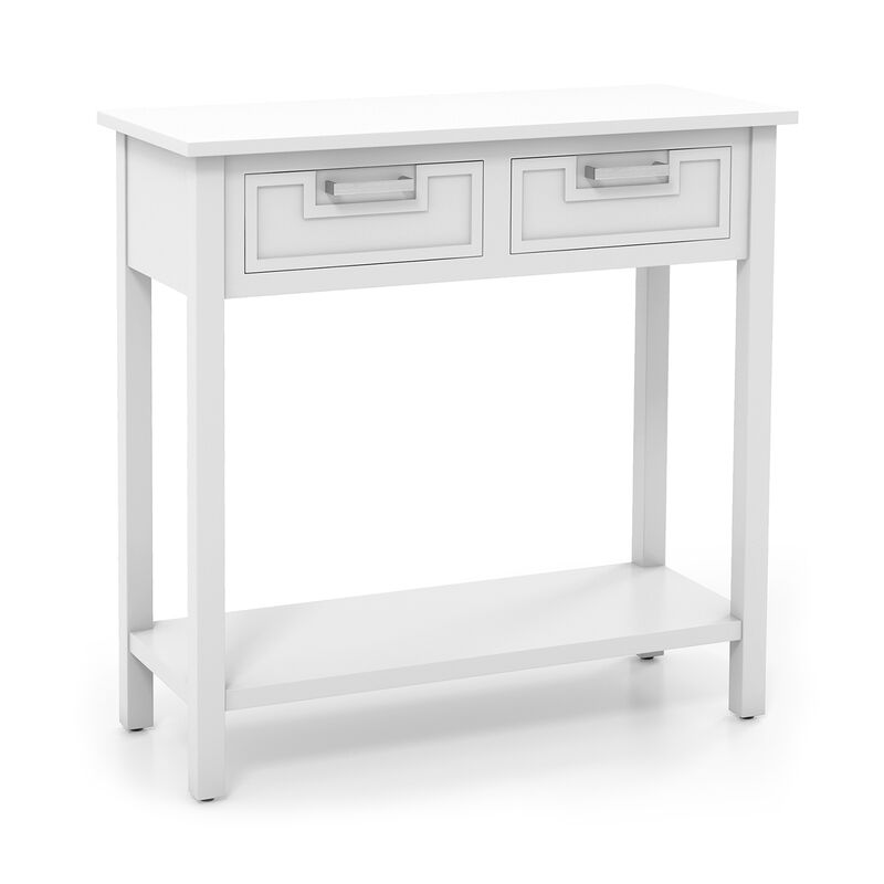 Narrow Console Table with Drawers and Open Storage Shelf