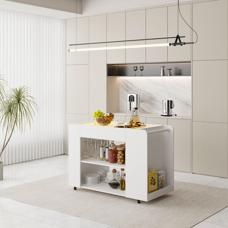 FUFU&GAGA Modern Three-Tier Utility Cart with Adjustable LED Light Strip, Drawer, Wave Lighting Effect, Water Wave Tempered Glass, and Locking Casters (47.8 in. W x 23.6 in. D x 33.9 in. H), White