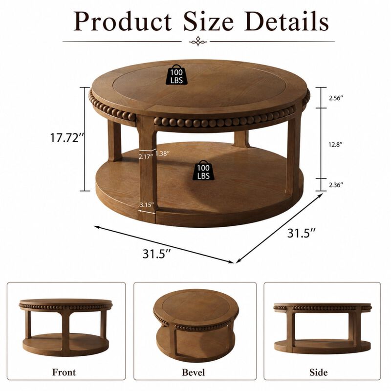 GOODSILO 31.5 Inch Two-Tier Round Solid Wood Coffee Table and Sofa Table Sturdy Thickened Top Heavy-Duty Circle Accent Table for Living Room Lounge and Sofa Areas image number 1