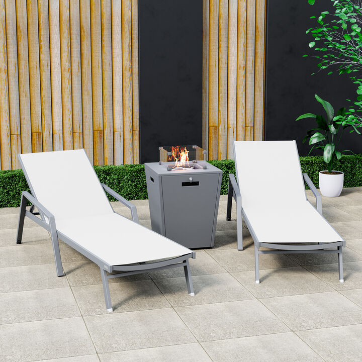 LeisureMod Marlin Modern Aluminum Outdoor Patio Chaise Lounge Chair With Arms in Grey Frame Set of 2 with Square Fire Pit Side Table