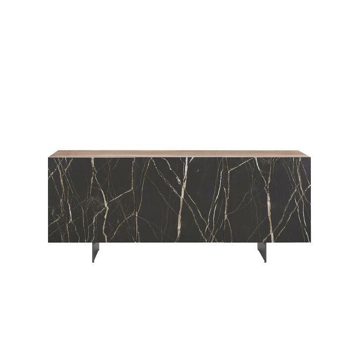 Casabianca Home Totem Buffet In Walnut - Black Marbled Porcelain With Storage