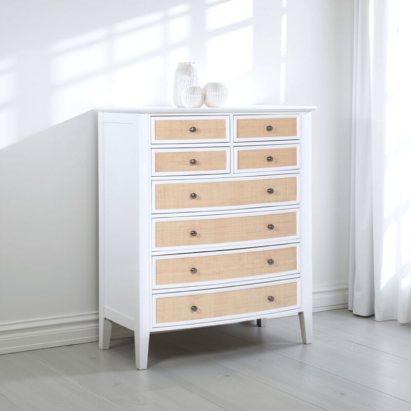 Heo Tall Dresser Chest, 8 Drawers, Rattan Woven Curved Front, White - Benzara