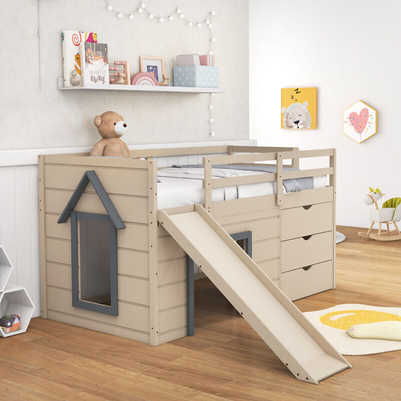 3-In-1 Twin Loft Bed with Slide Ladder Drawers for Kids Teens-Beige