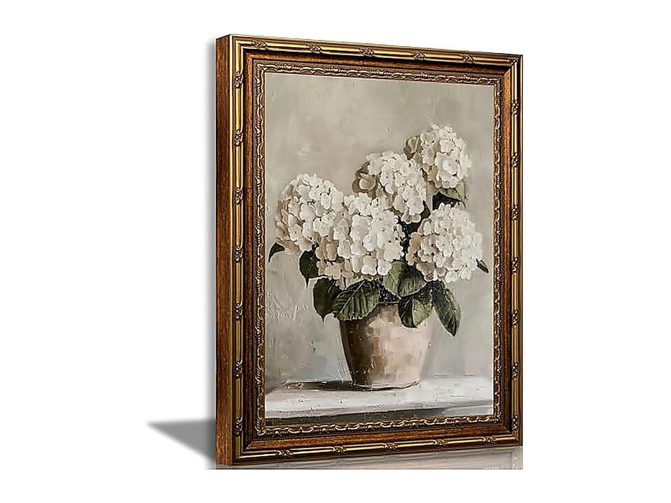 Gold Framed Wall Art White Hydrangea Canvas Decor Vintage Rustic Farmhouse Room
