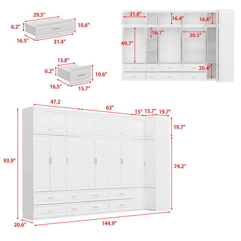 FUFU&GAGA Large Capacity Combined Wardrobe with Embossed Molded Doors, Multi-Functional Hidden Storage for Hanging and Folding Clothes, (144.9 in. W x 20.6 in. D x 93.9 in. H), White