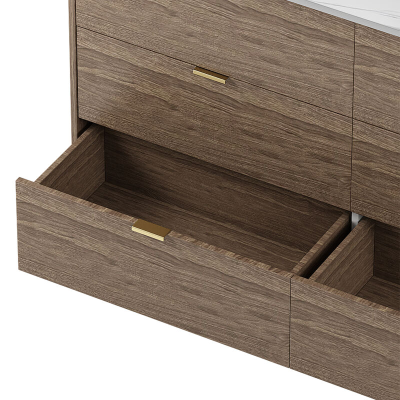 55" Long 6 Drawer Dresser with Marbling Worktop, Mordern Storage Cabinet with Metal Leg and Handle for Bedroom, Walnut