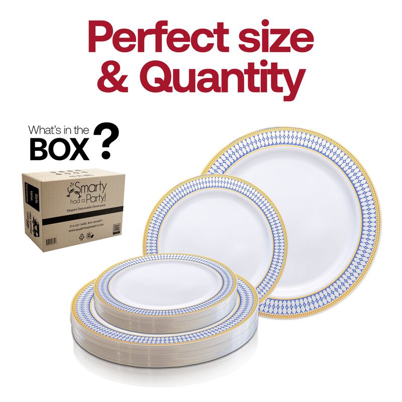 White with Blue and Gold Chord Rim Plastic Dinnerware Value Set (40 Sets) image number 4