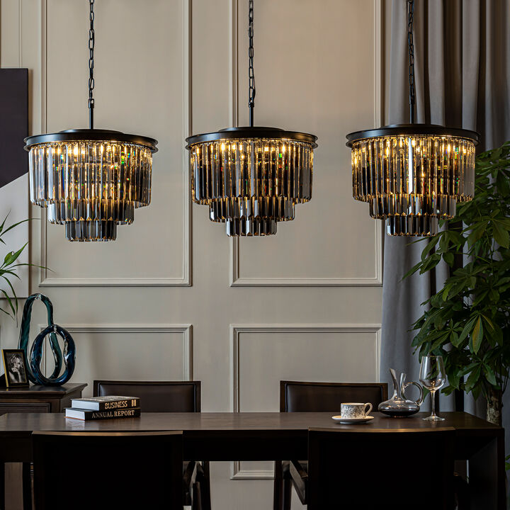 6-Lights Modern Matte Black 3-Tier Round Fringe Chandelier with Smoke Crystal Accent