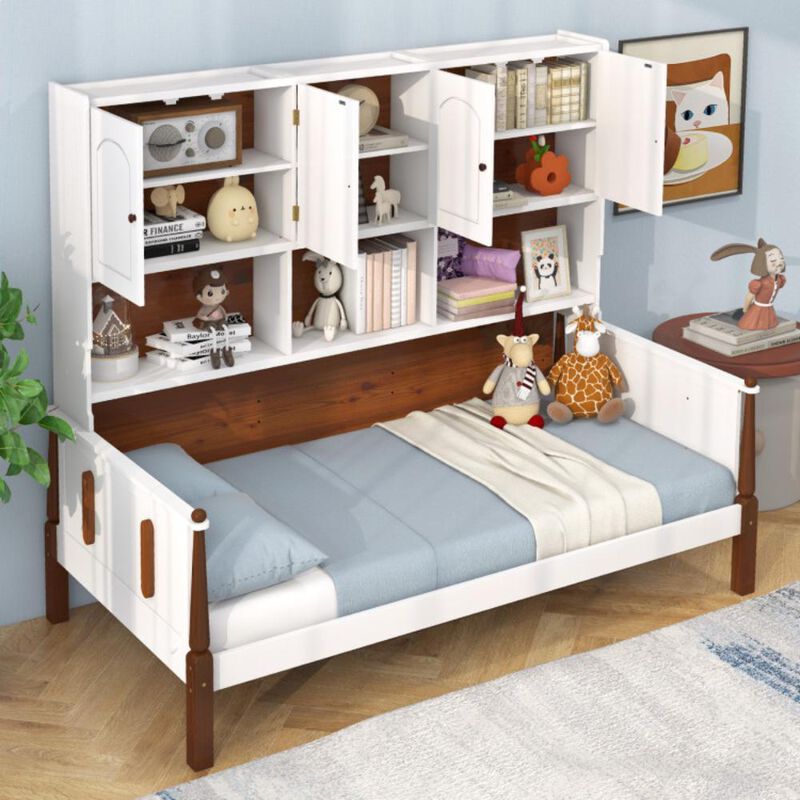 Hivvago Twin Bed with Bookcase with Shelves and  Wooden Slat Support No Box Spring Needed for Living Room Bedroom