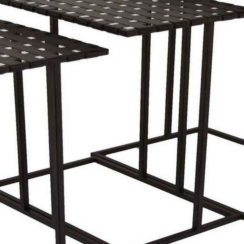 Set of 3 Plant Stand Side Tables, Rectangular Mesh Top, Black Metal Frame - Benzara