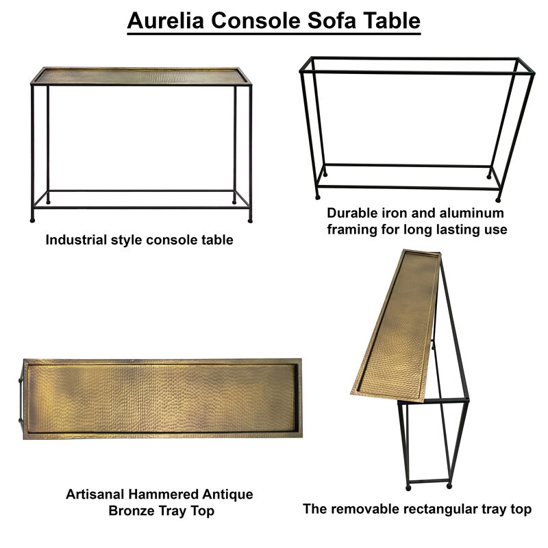 Aurelia 48 Inch Console Sofa Table, Artisanal Hammered Antique Bronze Tray Top, Industrial Black Iron Frame