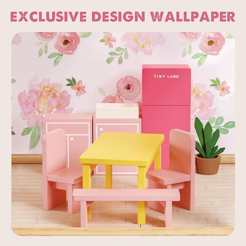 Wooden Dollhouse - 6 Rooms Wooden Doll House, DIY Pretend Doll House with 31Pcs Furniture Accessories, Creative Gift for Girl image number 4