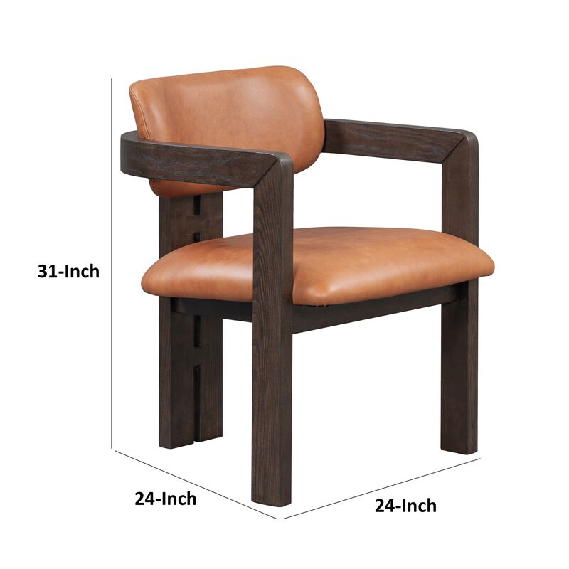 Tyna 24 Inch Dining Armchair, Tan Real Leather, Brown Solid Ash Wood - Benzara