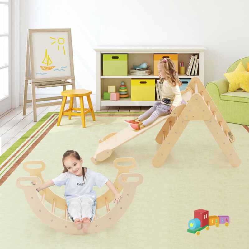 Hivvago 5-in-1 Wooden Kids Climber Toys with Triangle Arch Ramp