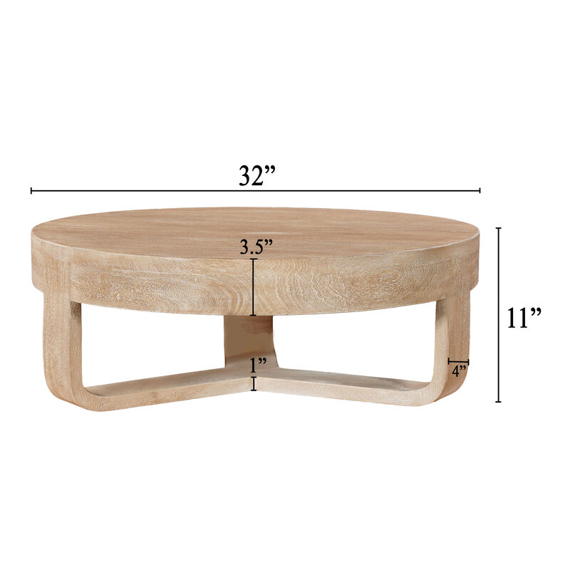 Milan Coffee Table, 32 Inch Round Top, Mango Wood with Sandblasted Natural Brown, Open Sled Base image number 4