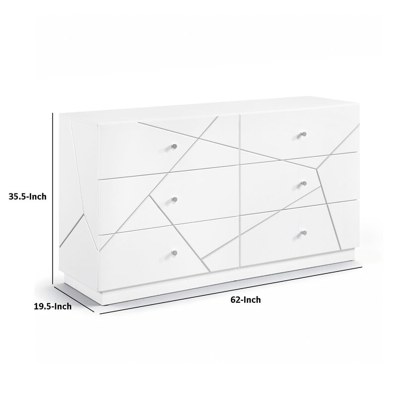 Oly Wide Dresser, 6 Drawers, Geometric Design, Chrome Knobs, Glossy White image number 7