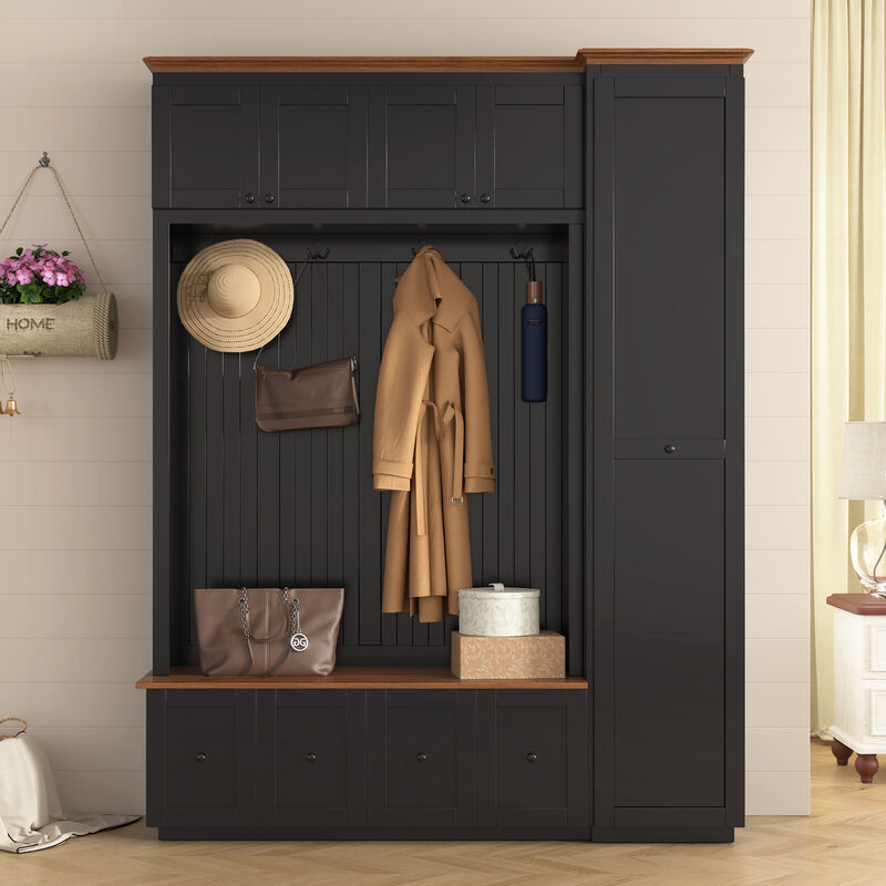 Merax Farmhouse Hall Tree with 2 Top Cabinets, 4 Drawers, Extra-Large Side Storage image number 2