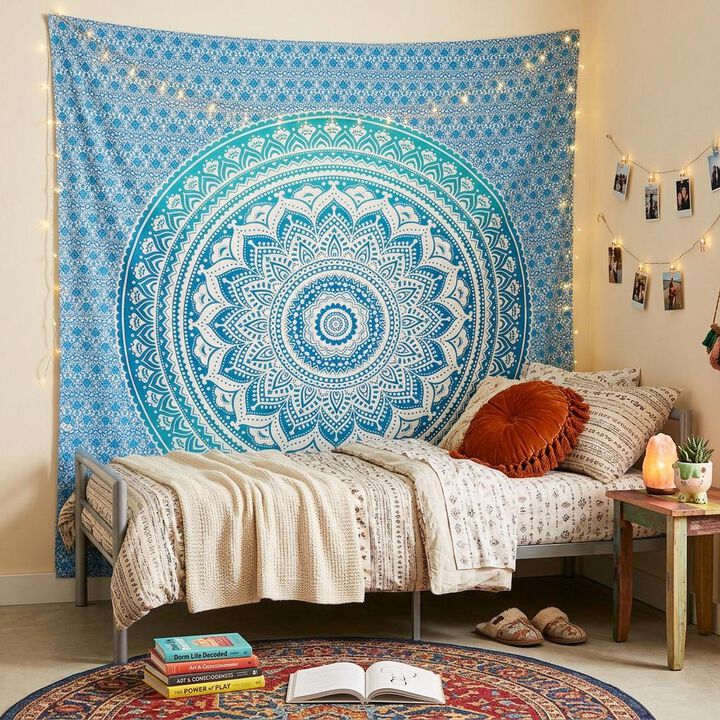 HomeRoots 92" X 84" Sea Green And White Mandala Cotton Hanging Tapestry