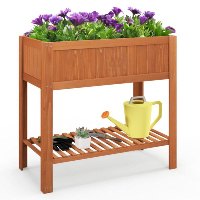 Hivvago Outdoor Raised Garden Bed Fir Wood Planter Box with Bottom Storage Shelf and Protective Liner