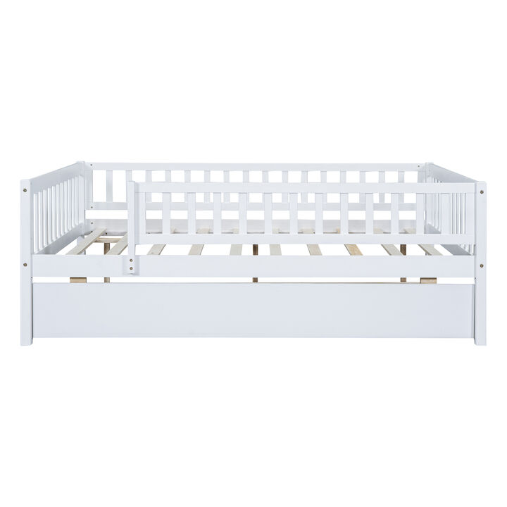 Whisen Full Size Wood Daybed with Trundle & Guardrails, Solid Wood & MDF Low Profile Bed for Kids Bedroom