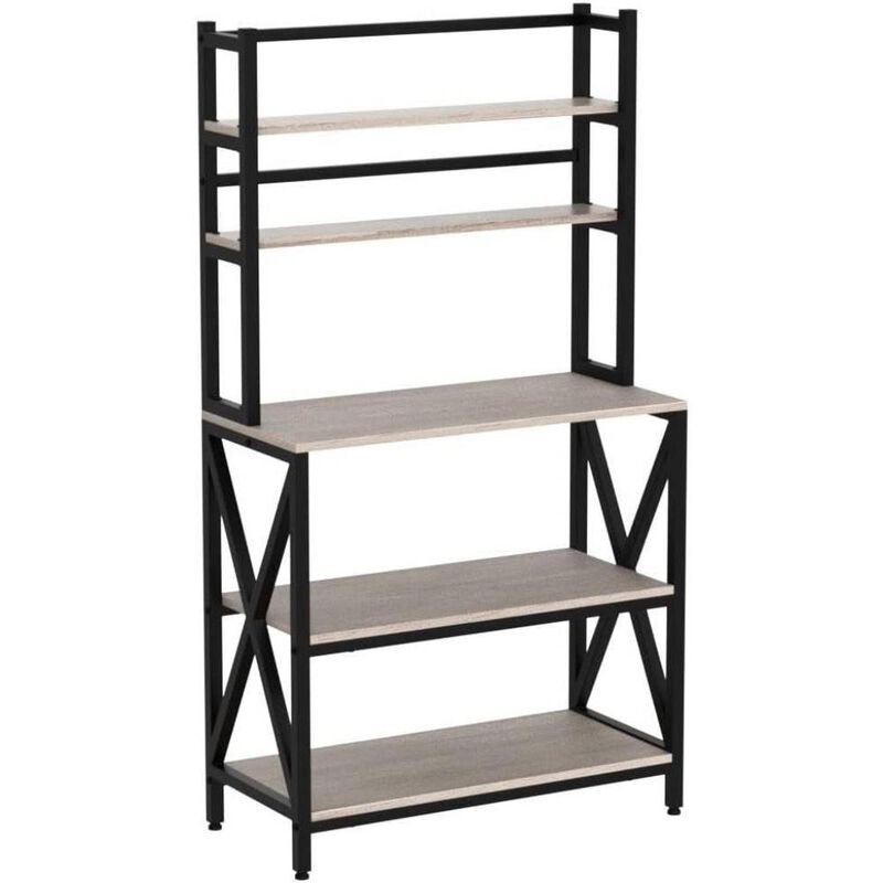 Hivvago Modern Black Metal Grey Wood Bakers Rack Microwave Stand Kitchen Shelving Unit