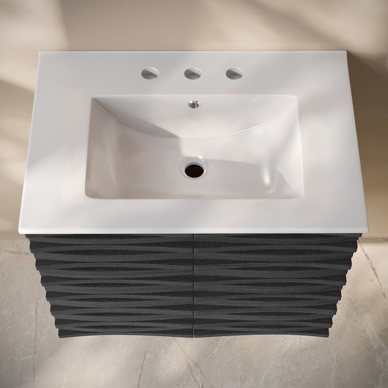 30" Wall-Mounted Bathroom Vanity in Black Oak with 3-Hole Widespread Sink Top image number 2