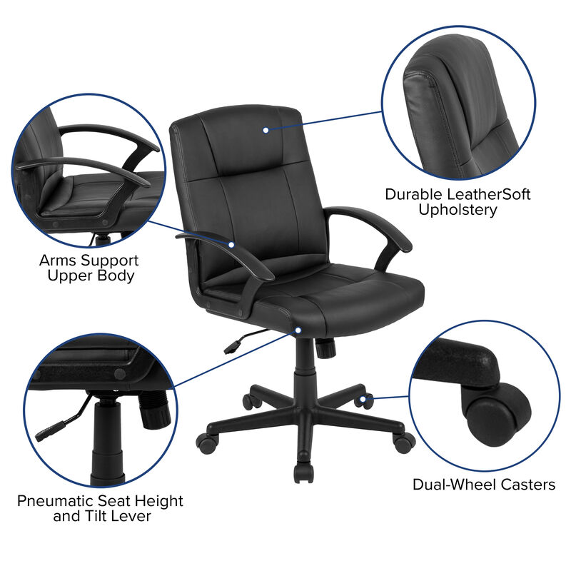 Coffman Flash Fundamentals Mid-Back Black LeatherSoft-Padded Task Office Chair with Arms image number 3