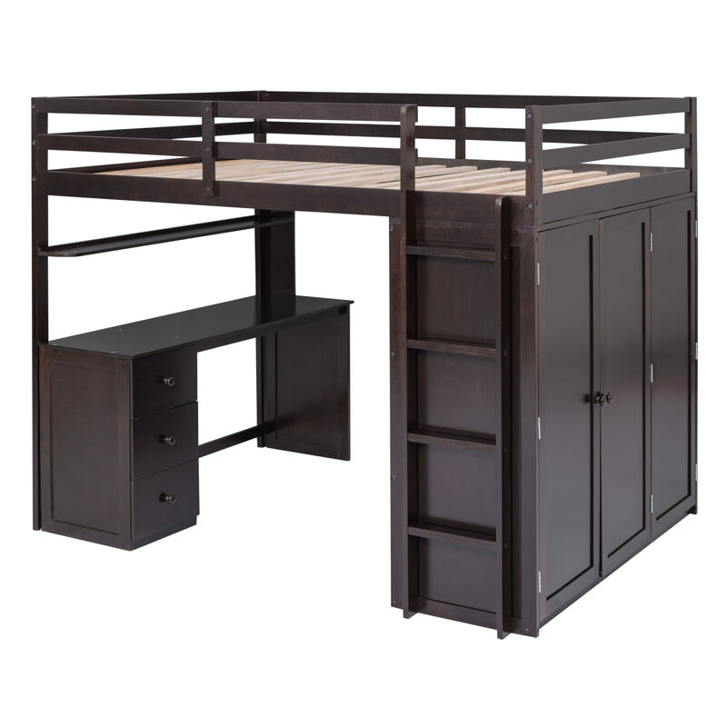 Full size Loft Bed with Drawers,Desk,and Wardrobe-Espresso