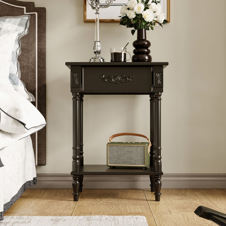 FUFU&GAGA Vintage Bedside Cabinet with Drawer Open Shelf Solid Wood Legs and Black Paint Finish 19.7''L × 15.7''W × 27''H