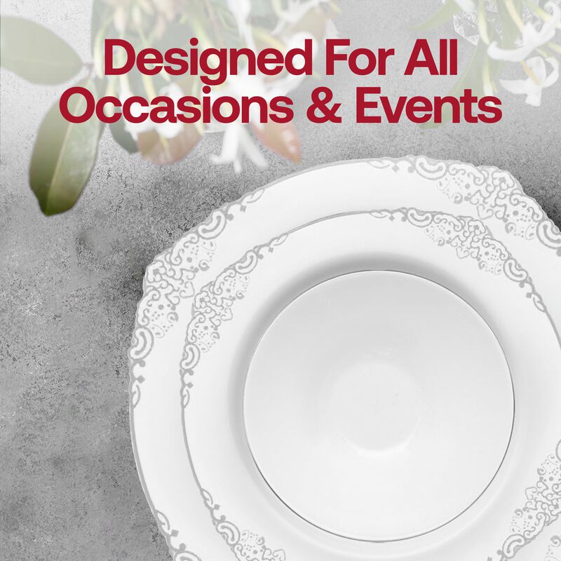 White with Silver Fancy Round Plastic Tableware Set (120 Sets) image number 7