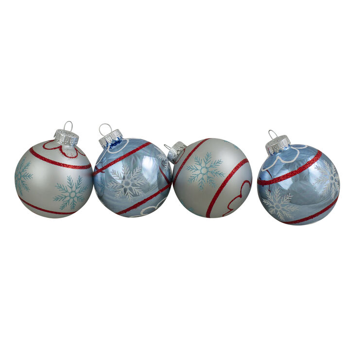 4ct Silver and Blue Snowflake Glass Ball Christmas Ornament 2.75" (70mm)