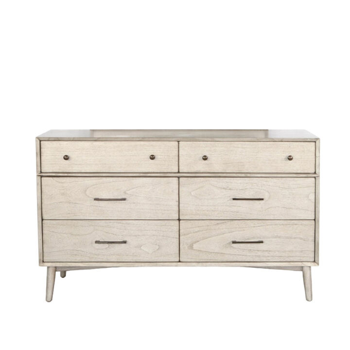 Amy Wide Dresser Chest with 6 Drawers, Angled Legs, Gray Mindi Wood - Benzara