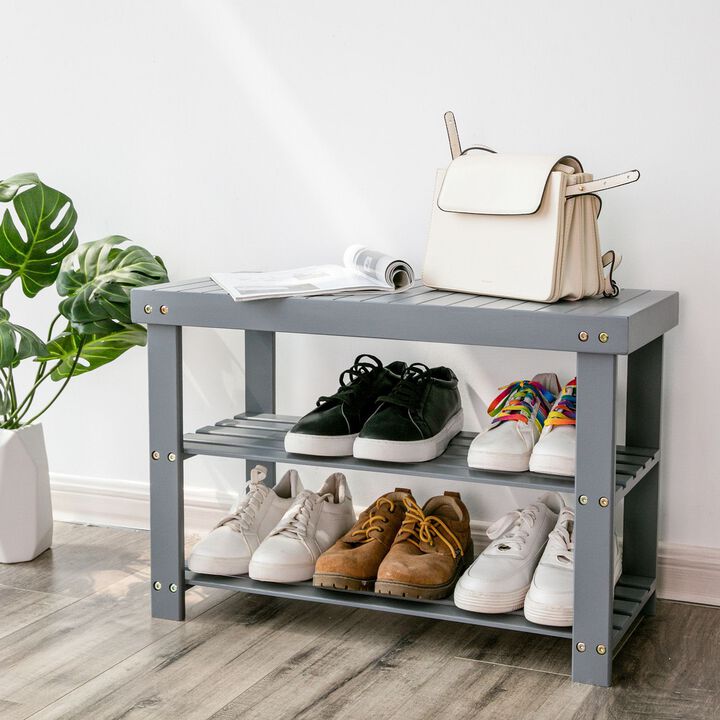 Hivvago Gray Bamboo Shoe Rack Bench with Shelves