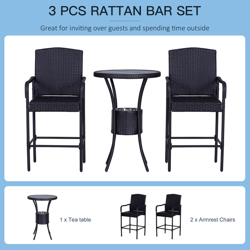 3Pc Rattan Wicker Bistro Set Patio Bar Table Chair Stool Garden