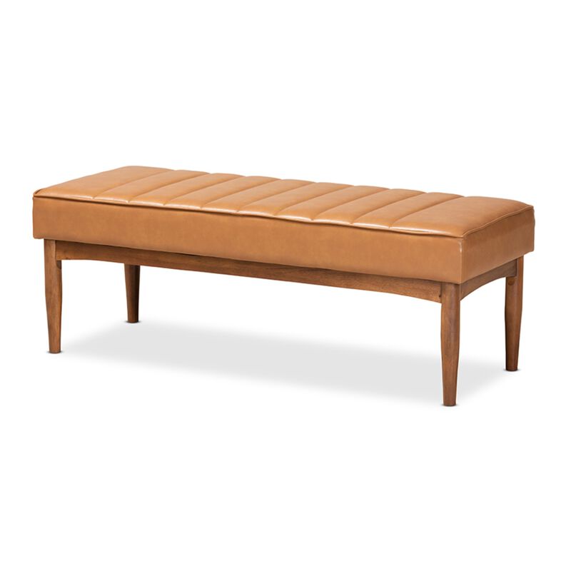Baxton Studio Daymond Mid-Century Modern Tan Faux Leather Upholstered and Walnut Brown Finished Wood Dining Bench