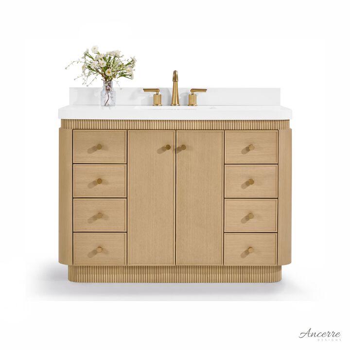 Aston 48 inch Bath Vanity Set in American Oak Finish with Alpine White Quartz Top