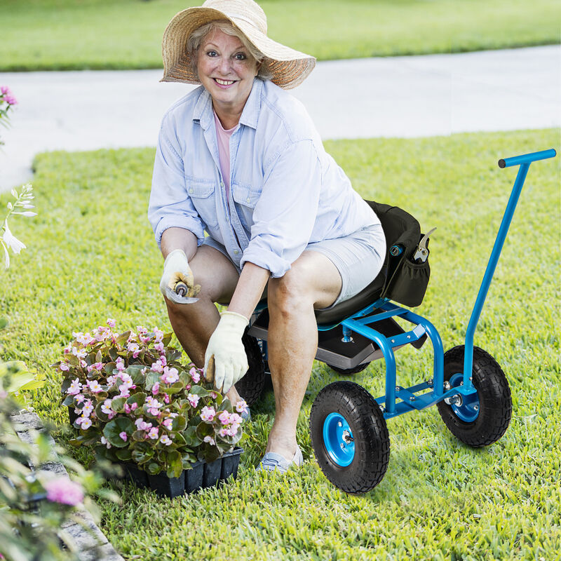 Portable Garden Seat Cart with Wheels, Swivel Function, and Tool Storage