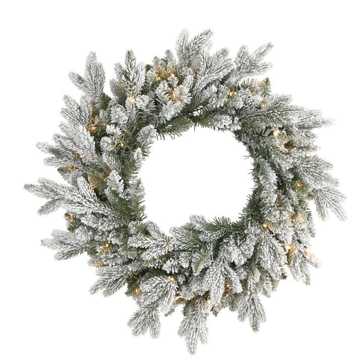 HomPlanti 24" Flocked Artificial Christmas Wreath with 50 LED Lights