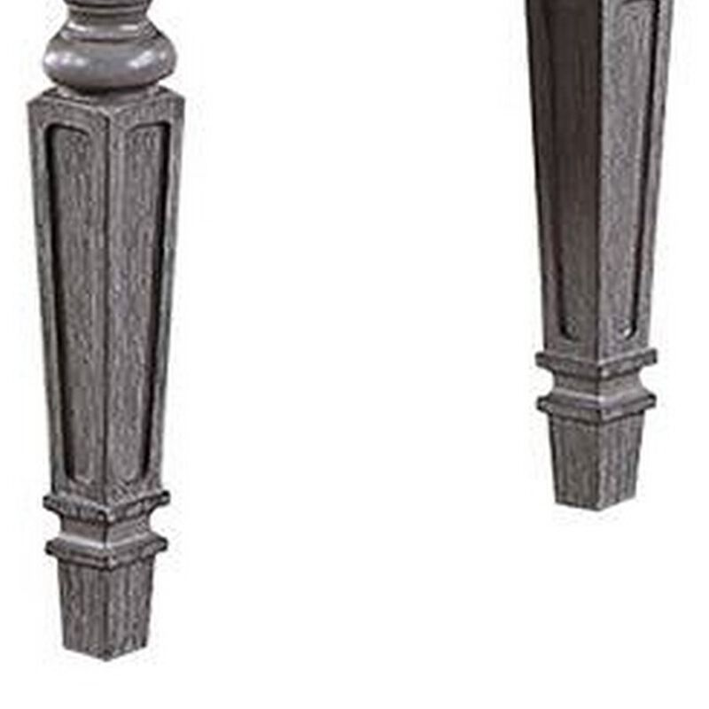 Winie Dining Bench with Turned Legs, 64 Inch Gray Wood and Fabric - Benzara