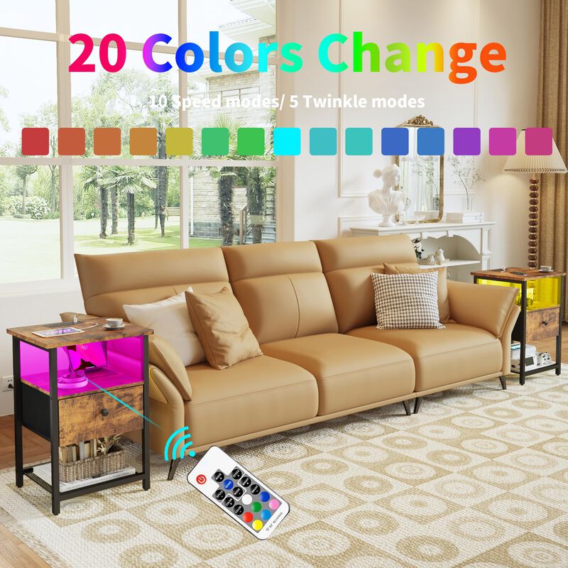 HDDDZSW LED Nightstands Set of 2 with Charging Station, Bedside Tables with USB Ports and Outlets, End Table with Fabric-Wood 2-