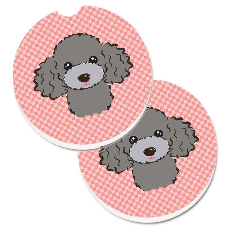 Caroline's Treasures Checkerboard Pink Silver Gray Poodle Set of 2 Cup Holder Car Coasters BB1259CARC, 2.56, Multicolor