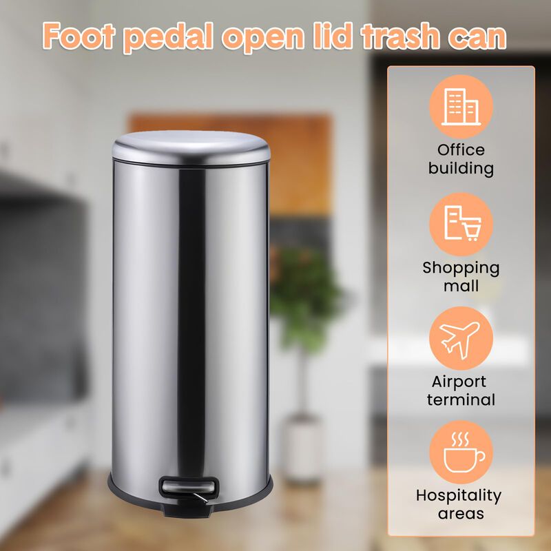30L / 8 Gallon Round Stainless Steel Trash Can, Step-On Pedal, Soft Close Lid, Removable Inner Bucket, Suitable for Kitchen, Office, Bathroom image number 3