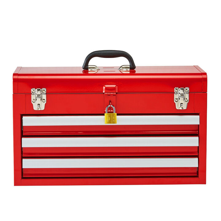 Metal Tool Box with 3 Drawers, Locking Small Tool Chest with EVA Lined Storage-Red